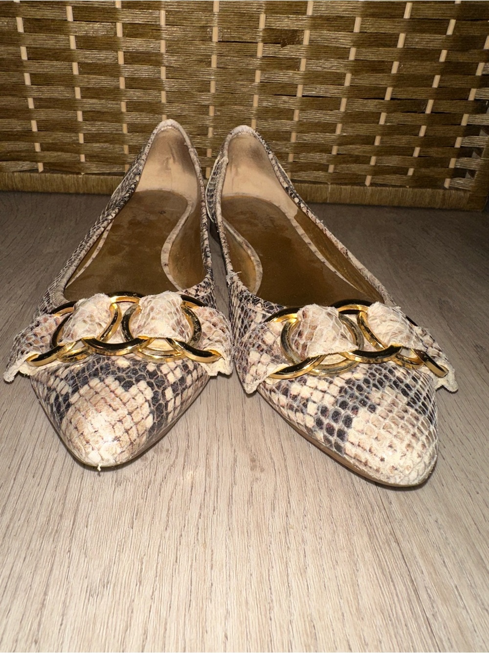 kate spade Beige Snake-Print Pointed Flats with Gold Chain